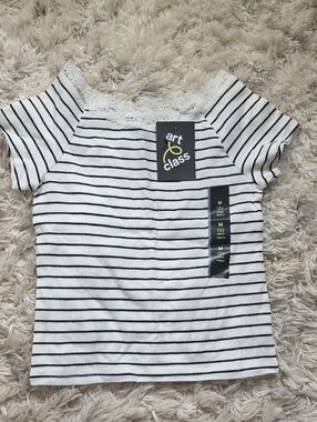 art class Girls' White & Black Striped Lace-Trim Tee